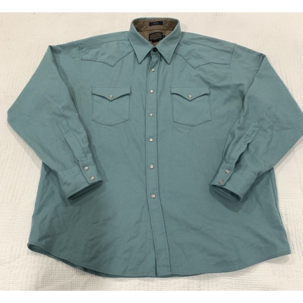 VTG Pendleton Canyon Western Wear Shirt Mens XL Wool Pearl Snap Green Blue Teal